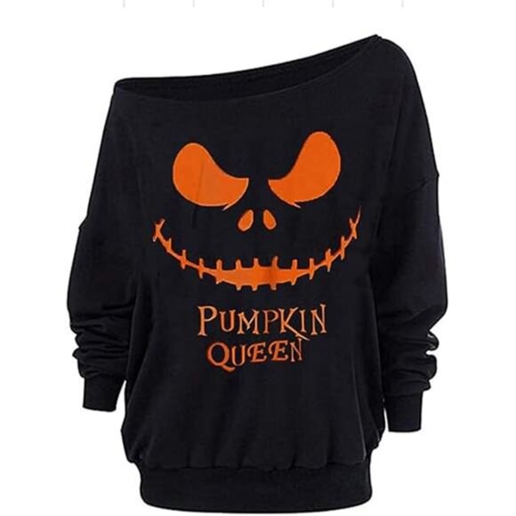 Women's Off-Shoulder Halloween Sweatshirt with a cute Jack-o'-Lantern design - Picture 5 of 5